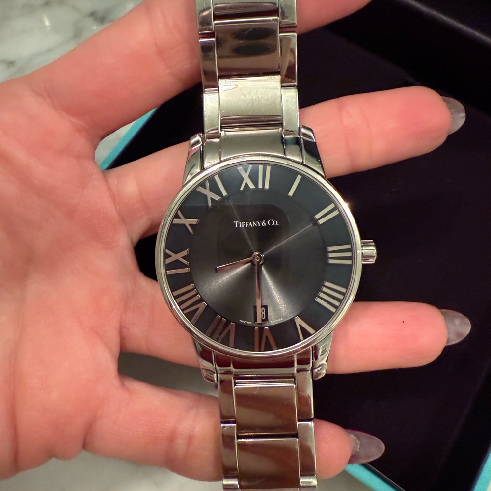SOLD Tiffany & Co. Atlas Dome Silver Watch With Dark Dial